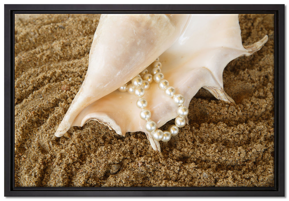Muschel mit Perlenkette auf Leinwandbild gerahmt Größe 60x40