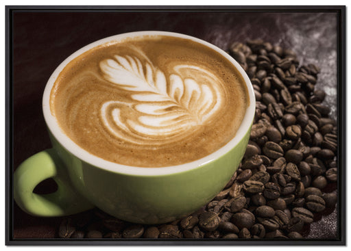 Cappucino zwischen Kaffeebohnen auf Leinwandbild gerahmt Größe 100x70