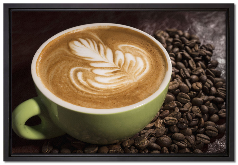 Cappucino zwischen Kaffeebohnen auf Leinwandbild gerahmt Größe 60x40