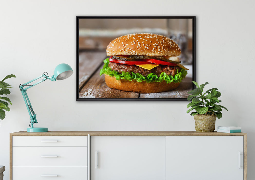Burger mit Tomaten auf Leinwandbild gerahmt verschiedene Größen im Wohnzimmer