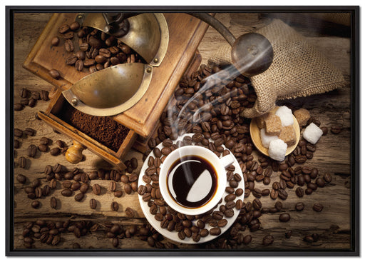 Kaffee mit Kaffeemühle auf Leinwandbild gerahmt Größe 100x70