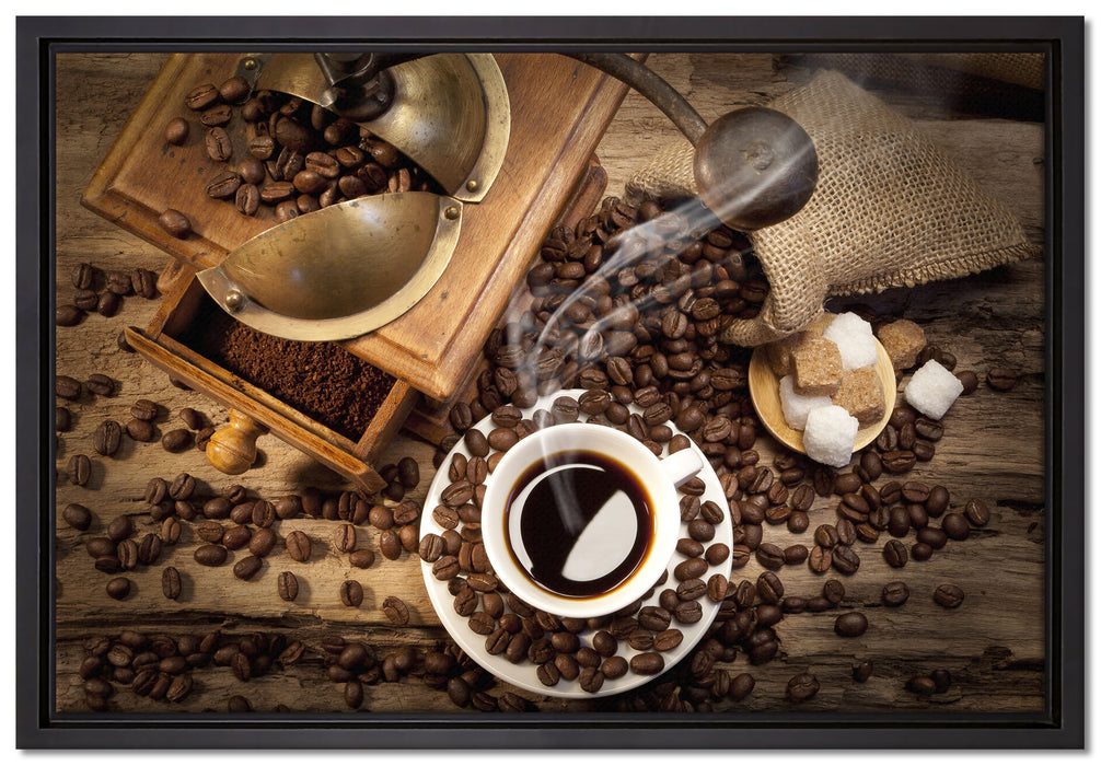 Kaffee mit Kaffeemühle auf Leinwandbild gerahmt Größe 60x40
