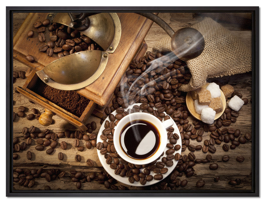 Kaffee mit Kaffeemühle auf Leinwandbild gerahmt Größe 80x60