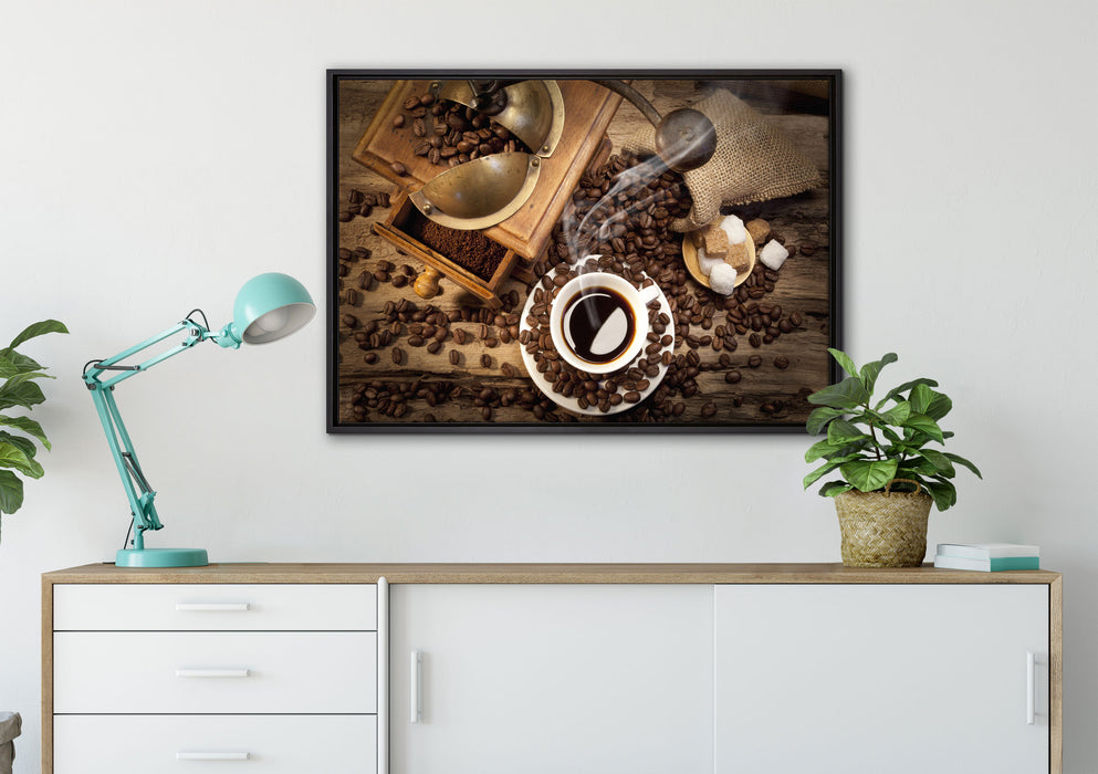 Kaffee mit Kaffeemühle auf Leinwandbild gerahmt verschiedene Größen im Wohnzimmer