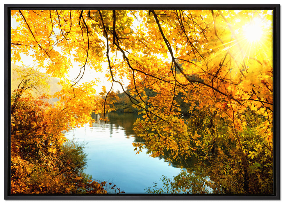 Landschaft mit See und Bäumen auf Leinwandbild gerahmt Größe 100x70