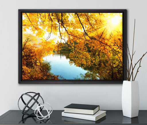 Landschaft mit See und Bäumen auf Leinwandbild gerahmt mit Kirschblüten