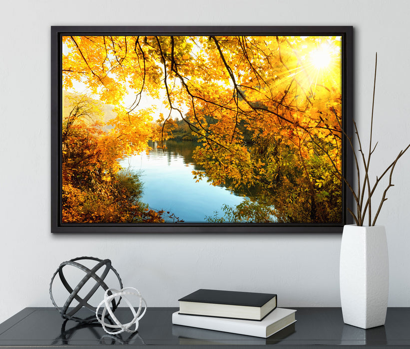 Landschaft mit See und Bäumen auf Leinwandbild gerahmt mit Kirschblüten