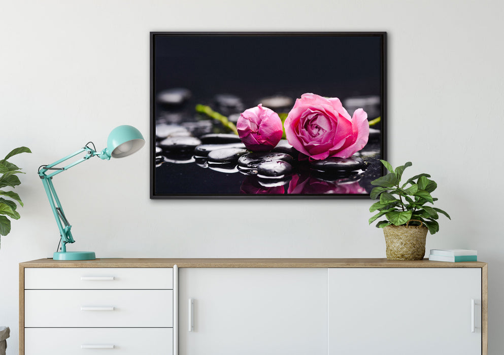 Rosa Rosenblüte Hintergrund auf Leinwandbild gerahmt verschiedene Größen im Wohnzimmer