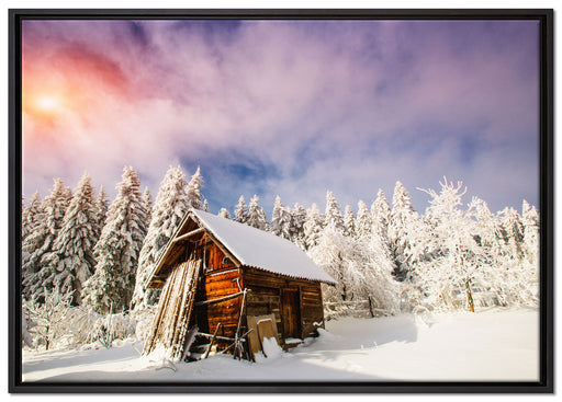 Holzhütte im Schnee auf Leinwandbild gerahmt Größe 100x70