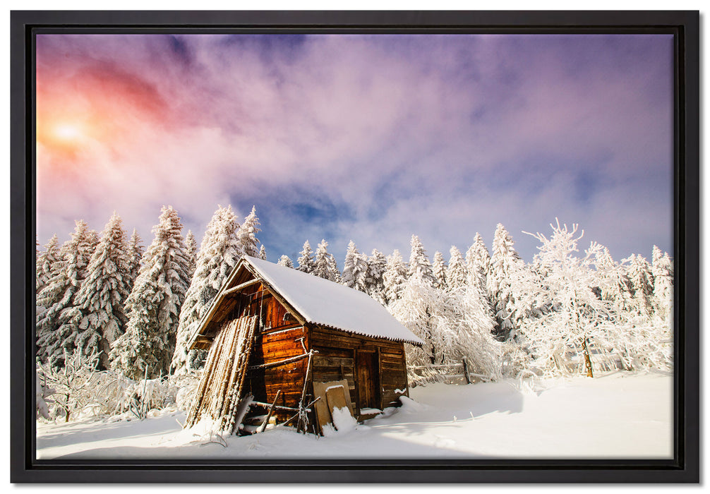 Holzhütte im Schnee auf Leinwandbild gerahmt Größe 60x40