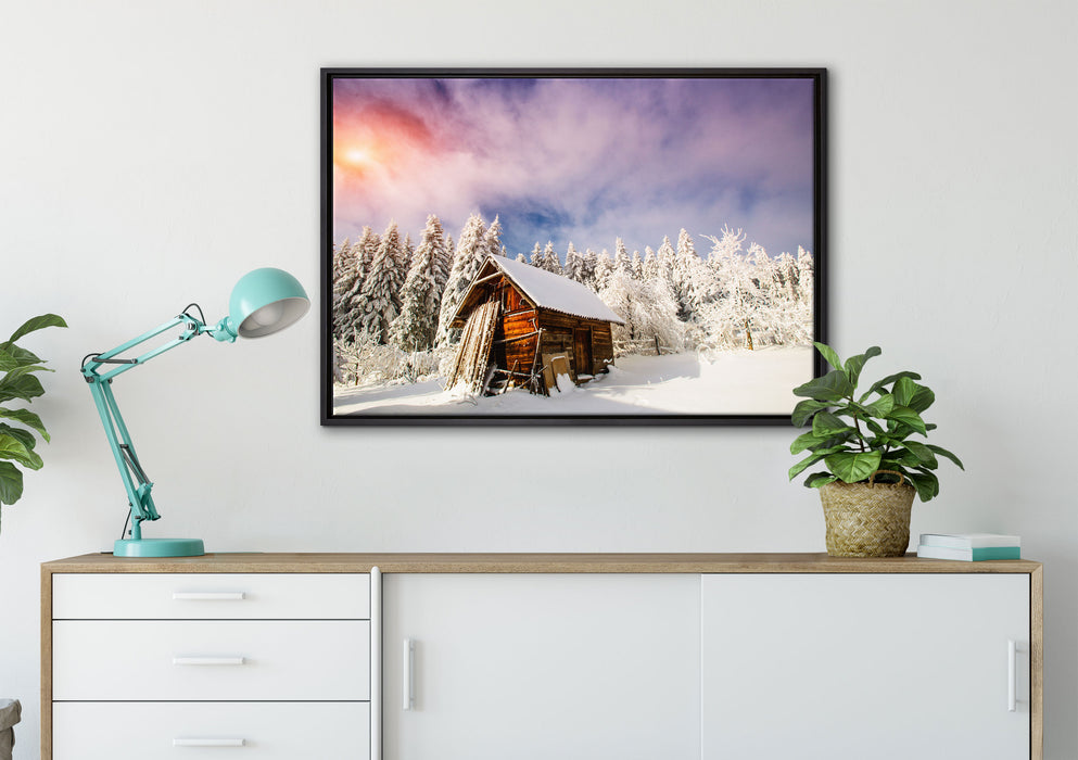 Holzhütte im Schnee auf Leinwandbild gerahmt verschiedene Größen im Wohnzimmer