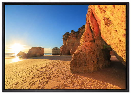 Sonnenuntergang an Felsen auf Leinwandbild gerahmt Größe 100x70