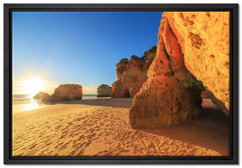 Sonnenuntergang an Felsen auf Leinwandbild gerahmt Größe 60x40