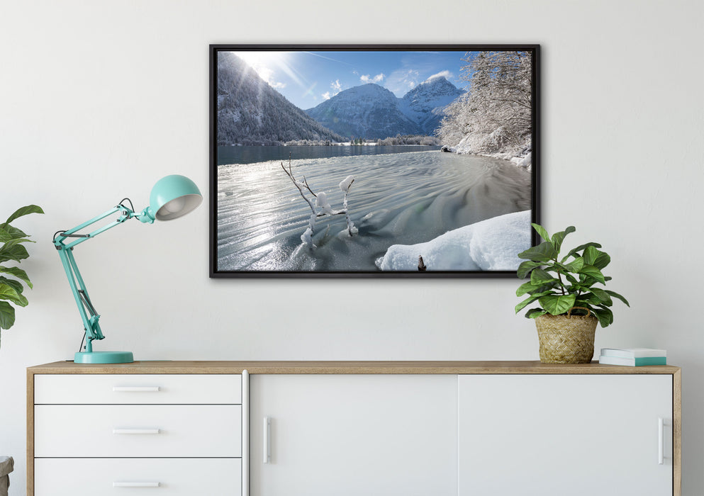 Winterlandschaft See auf Leinwandbild gerahmt verschiedene Größen im Wohnzimmer