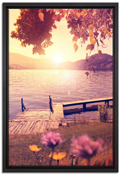 Steg im Sonnenuntergang Meer auf Leinwandbild gerahmt Größe 60x40