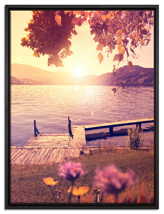 Steg im Sonnenuntergang Meer auf Leinwandbild gerahmt Größe 80x60