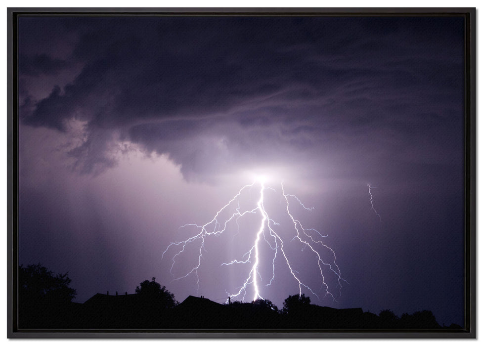 Einschlagender Blitz schwarz weiß auf Leinwandbild gerahmt Größe 100x70