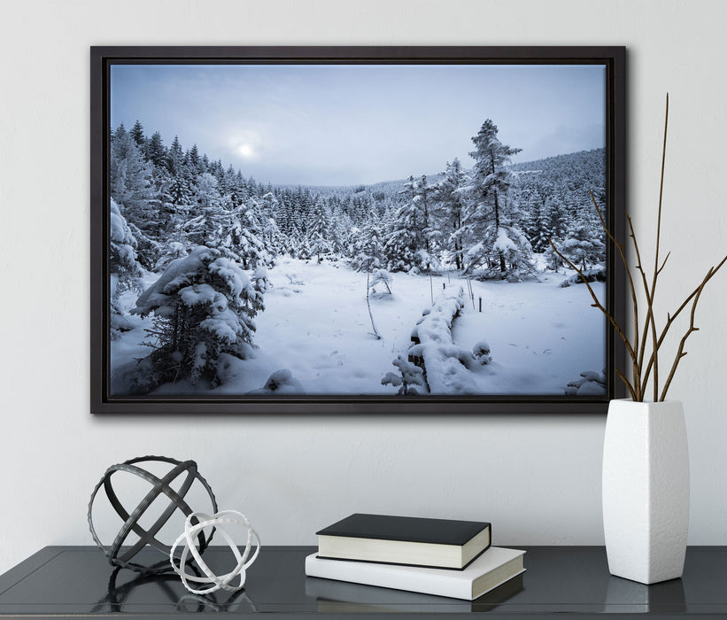 Winterlandschaft vereister See auf Leinwandbild gerahmt mit Kirschblüten