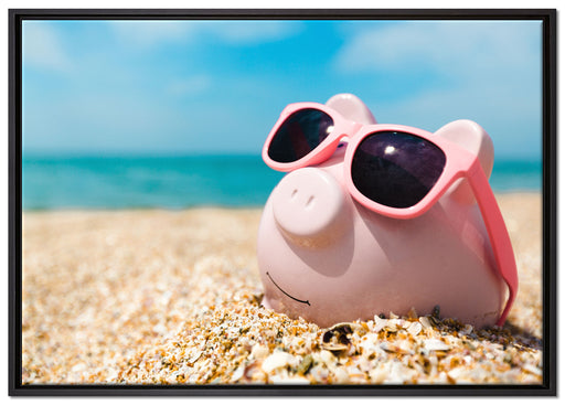 Schweinchen am Strand auf Leinwandbild gerahmt Größe 100x70