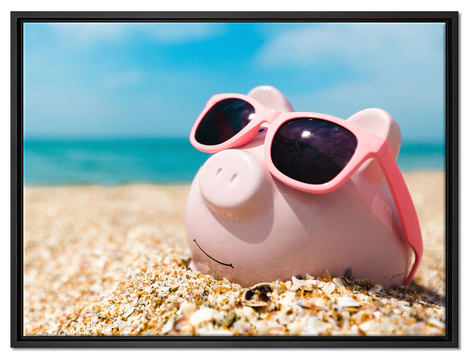 Schweinchen am Strand auf Leinwandbild gerahmt Größe 80x60