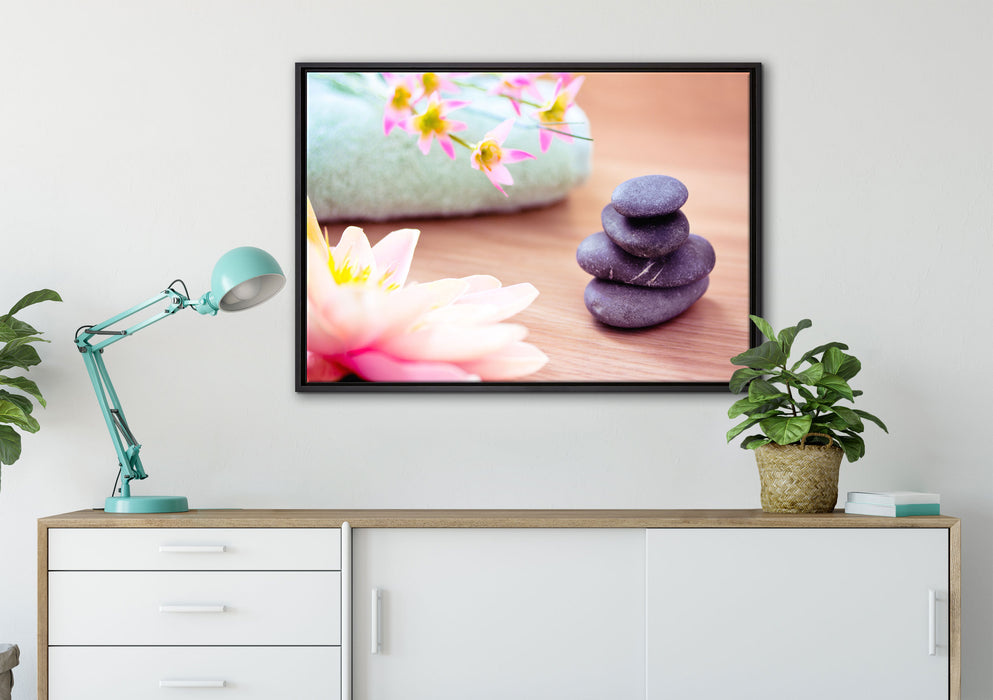 Lotusblüte auf Zen Stein auf Leinwandbild gerahmt verschiedene Größen im Wohnzimmer