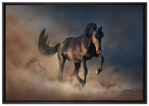 Schwarzes Pferd auf Leinwandbild gerahmt Größe 100x70