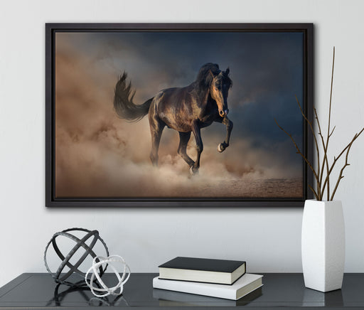 Schwarzes Pferd auf Leinwandbild gerahmt mit Kirschblüten