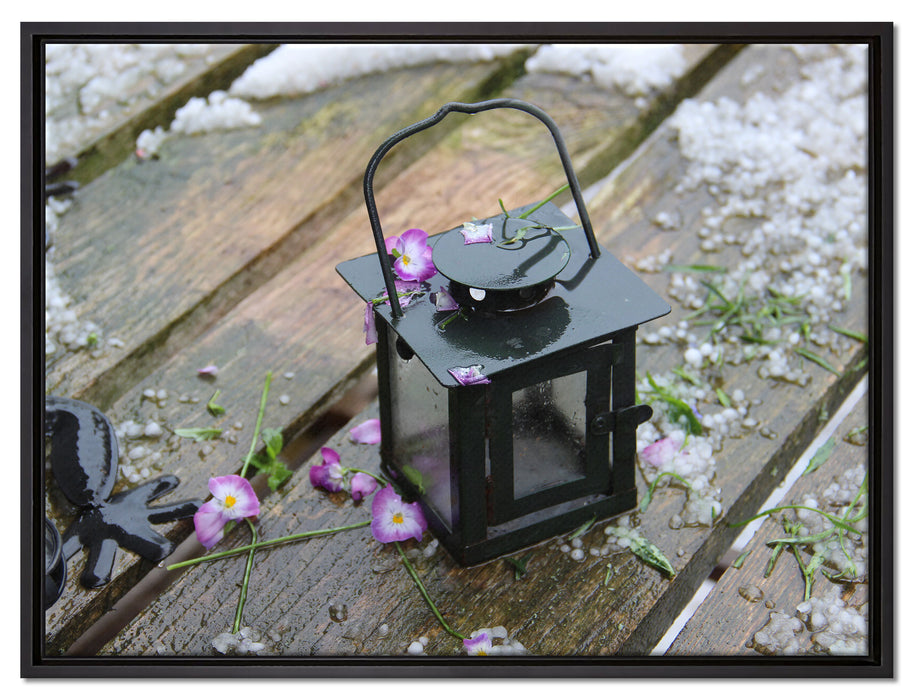 Laterne im Regen auf Leinwandbild gerahmt Größe 80x60