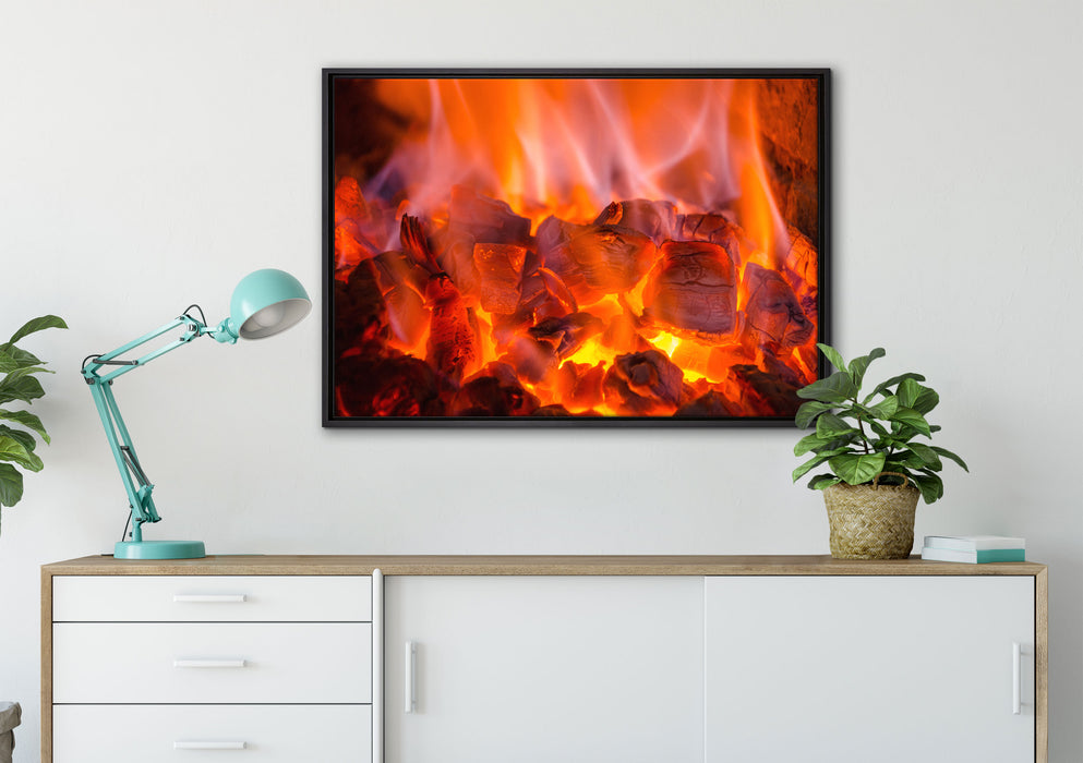 Holzkohle Feuer auf Leinwandbild gerahmt verschiedene Größen im Wohnzimmer