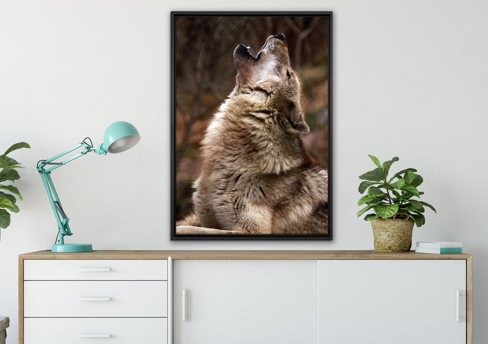 Heulende Wölfe auf Leinwandbild gerahmt verschiedene Größen im Wohnzimmer