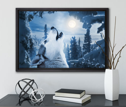 Wolf vor Mondlicht auf Leinwandbild gerahmt mit Kirschblüten