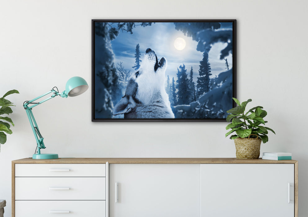 Wolf vor Mondlicht auf Leinwandbild gerahmt verschiedene Größen im Wohnzimmer