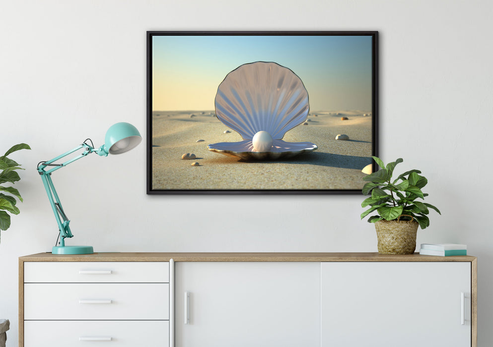 Perlenmuschel am Strand auf Leinwandbild gerahmt verschiedene Größen im Wohnzimmer