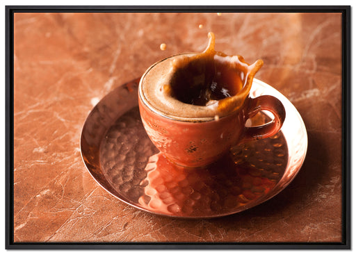 Kaffee spritzt aus Tasse auf Leinwandbild gerahmt Größe 100x70