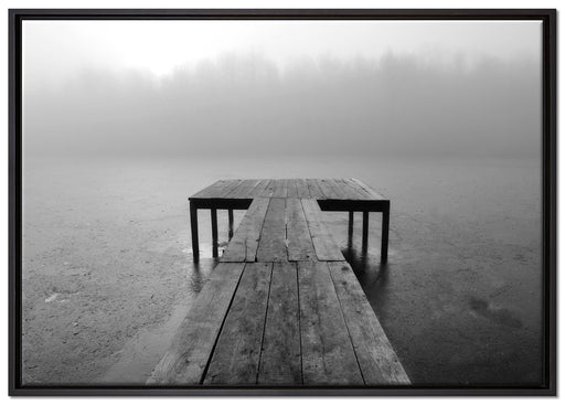 Steg am See Nebel auf Leinwandbild gerahmt Größe 100x70