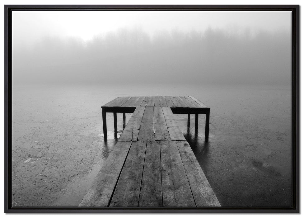 Steg am See Nebel auf Leinwandbild gerahmt Größe 100x70