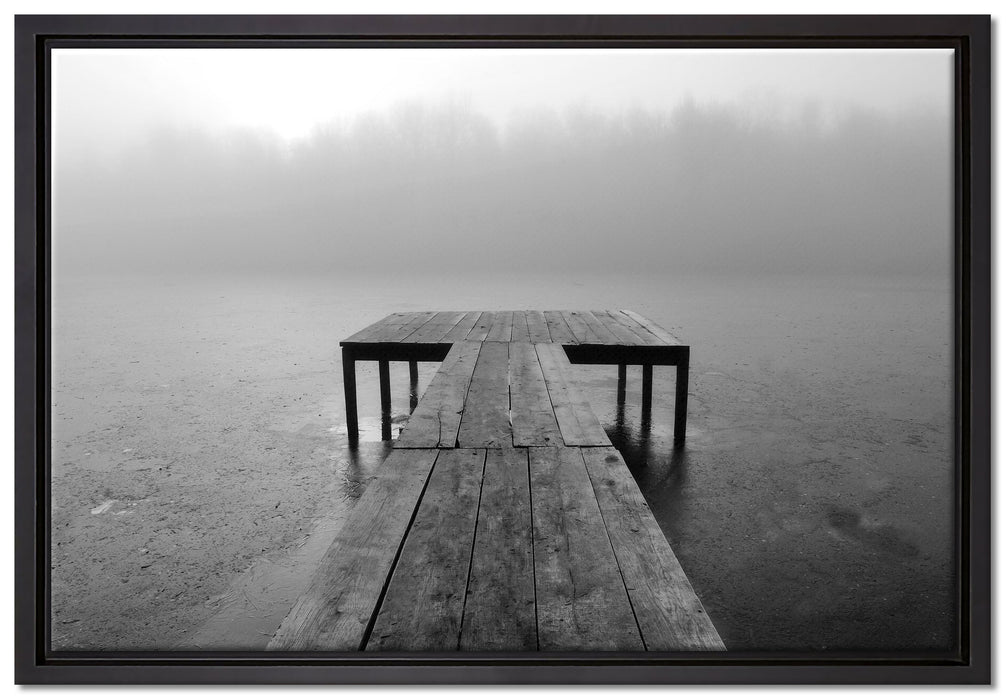 Steg am See Nebel auf Leinwandbild gerahmt Größe 60x40