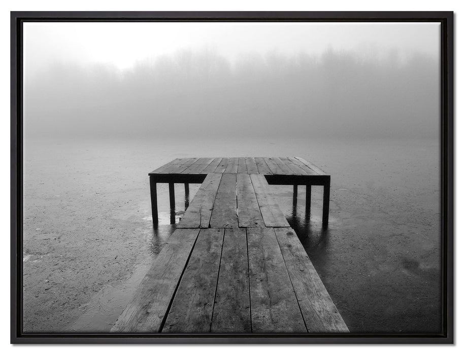 Steg am See Nebel auf Leinwandbild gerahmt Größe 80x60