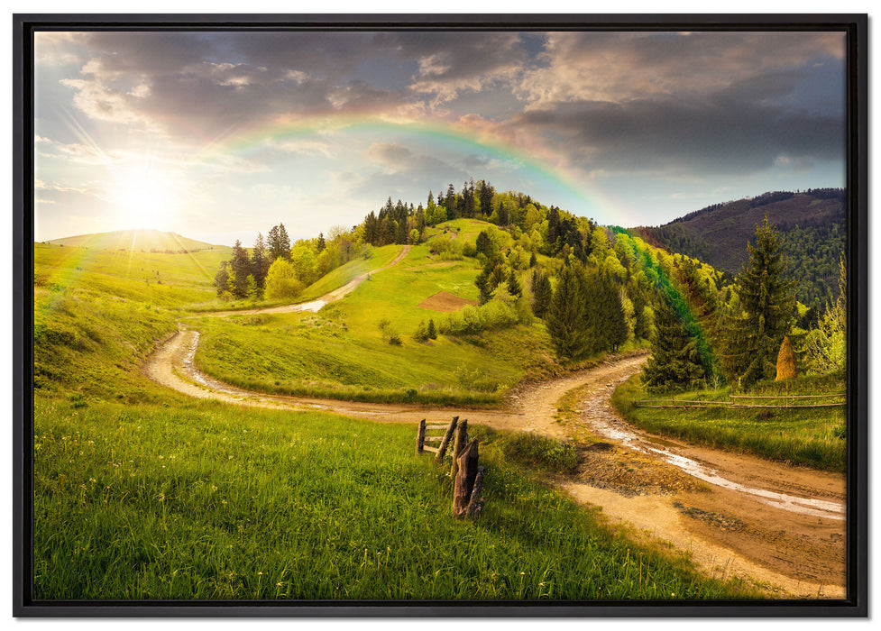 Landschaft mit Regenbogen auf Leinwandbild gerahmt Größe 100x70