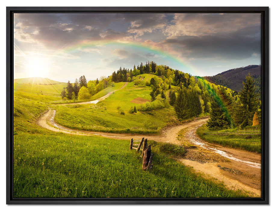 Landschaft mit Regenbogen auf Leinwandbild gerahmt Größe 80x60