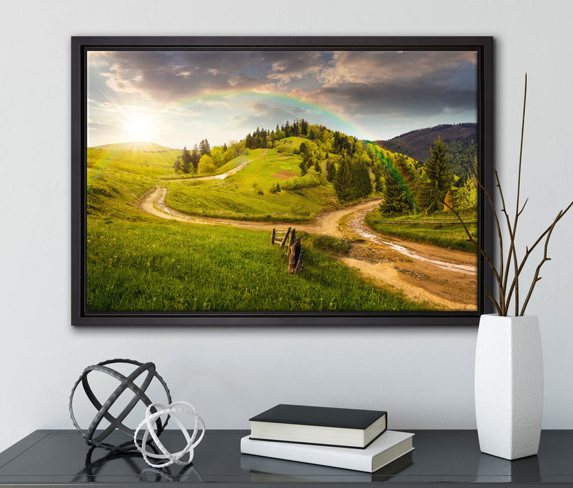 Landschaft mit Regenbogen auf Leinwandbild gerahmt mit Kirschblüten