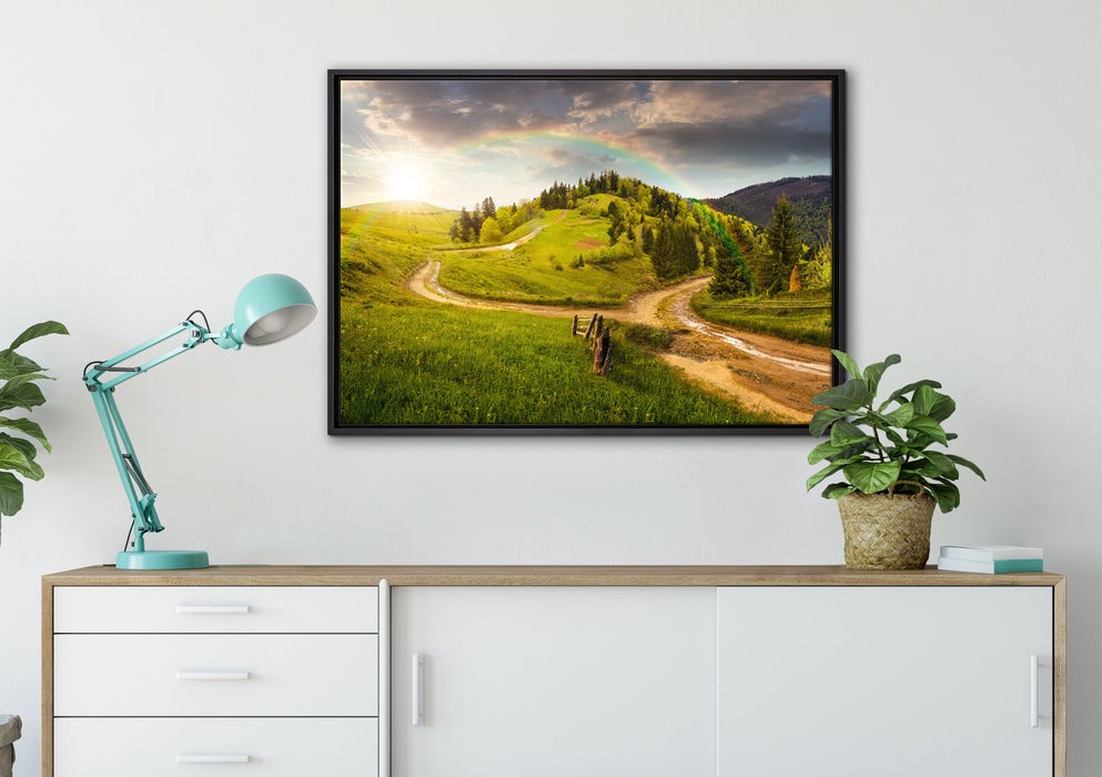 Landschaft mit Regenbogen auf Leinwandbild gerahmt verschiedene Größen im Wohnzimmer