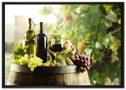 Weintrauben am Fass auf Leinwandbild gerahmt Größe 100x70