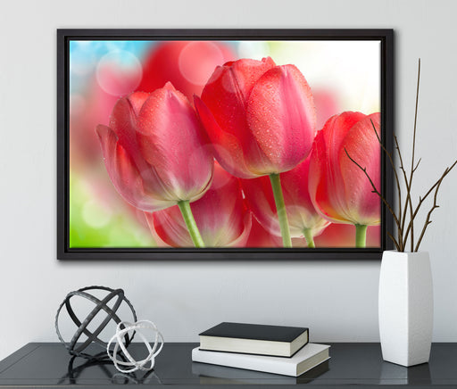Rote Tulpen auf Leinwandbild gerahmt mit Kirschblüten