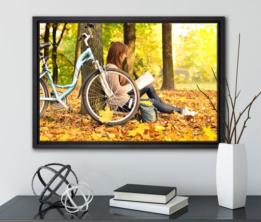 Teenager Girl with Bike auf Leinwandbild gerahmt mit Kirschblüten