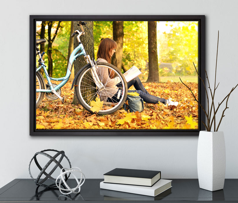 Teenager Girl with Bike auf Leinwandbild gerahmt mit Kirschblüten