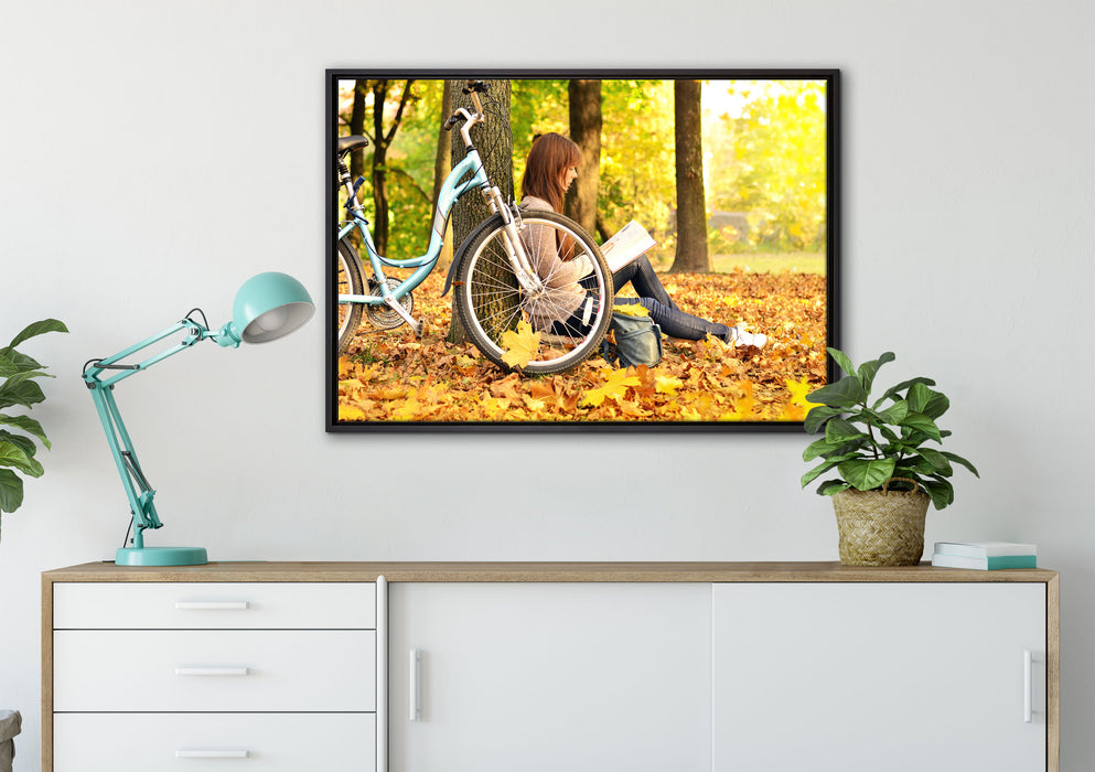 Teenager Girl with Bike auf Leinwandbild gerahmt verschiedene Größen im Wohnzimmer