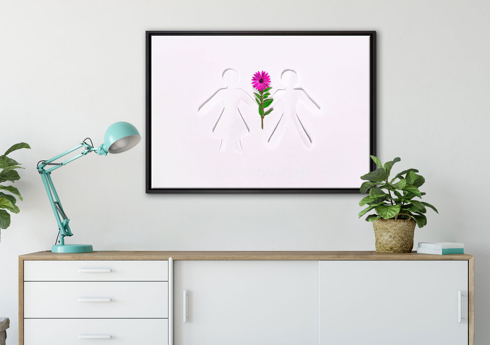 Pärchen mit Blume auf Leinwandbild gerahmt verschiedene Größen im Wohnzimmer