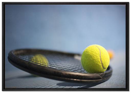 Tennischläger mit Bällen auf Leinwandbild gerahmt Größe 100x70