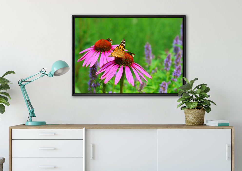 Schmetterling auf Blüte auf Leinwandbild gerahmt verschiedene Größen im Wohnzimmer